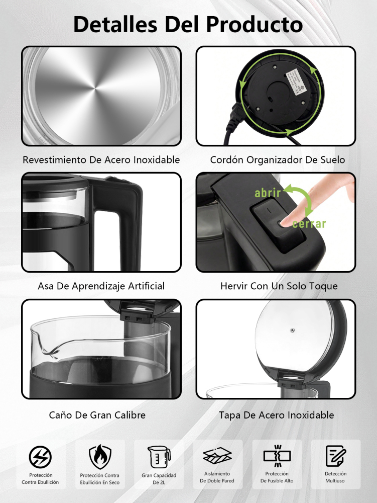 Hervidor electrico, Tetera Eléctrica Hervidor jarra De Vidrio 2 Lt Acero Inox 1000W SU-J011