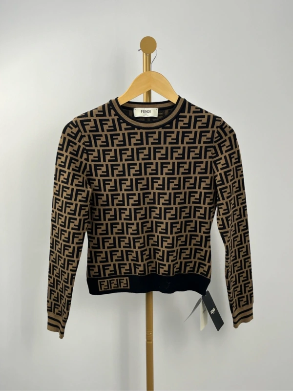 Fendi brown full logo crewneck long sleeve sweater,size 38