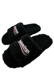Balenciaga black letter embroidered logo wool slippers,size 42