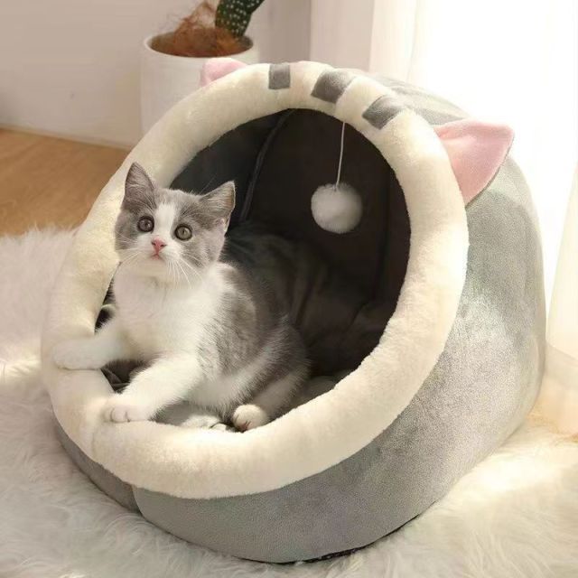 Cozy Cotton Pet Bed Cave Soft Textile Cat House for Small Dogs Washable and Removable Four Seasons Warm Cat Bed,U-ME PET LUV,Smart Nest Thermo-Safe Kitten Bed - All-Season Semi-Enclosed Cat House & Small Dog Bed