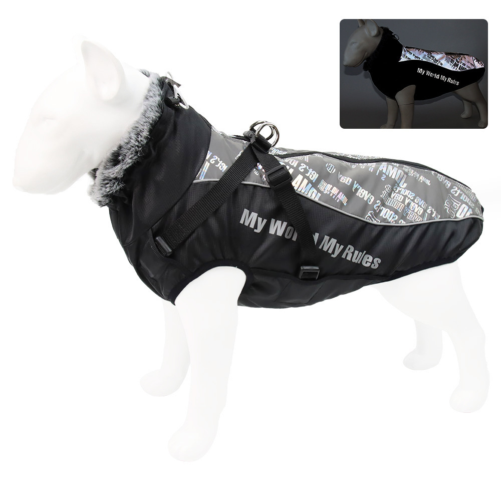 Hot Sale Reflective Winter Dog Coat Fur Collar Windproof Insulated Jacket for Large Breeds Sport Style Animal Pattern Washable Rainproof,U-ME PET LUV,Urban Shield Reflective Parka for Big Dogs - Cozy Quilted Cotton & Faux Fur Hood