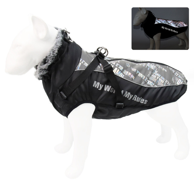 Hot Sale Reflective Winter Dog Coat Fur Collar Windproof Insulated Jacket for Large Breeds Sport Style Animal Pattern Washable Rainproof,U-ME PET LUV,Urban Shield Reflective Parka for Big Dogs - Cozy Quilted Cotton & Faux Fur Hood