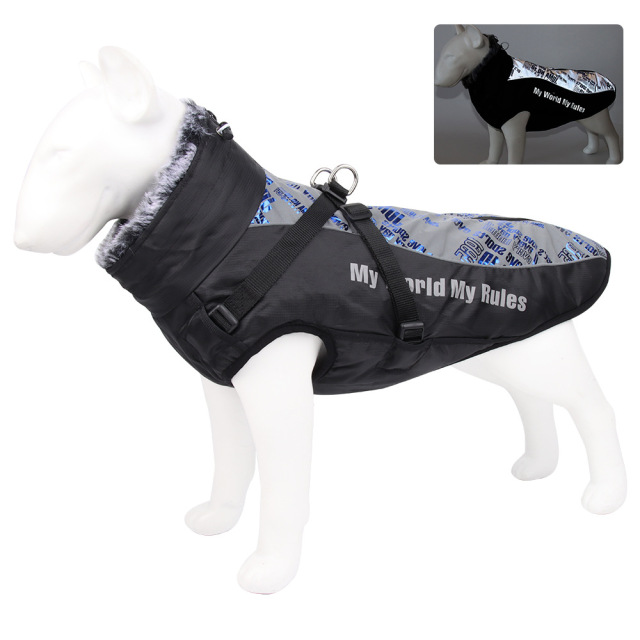 Hot Sale Reflective Winter Dog Coat Fur Collar Windproof Insulated Jacket for Large Breeds Sport Style Animal Pattern Washable Rainproof,U-ME PET LUV,Urban Shield Reflective Parka for Big Dogs - Cozy Quilted Cotton & Faux Fur Hood