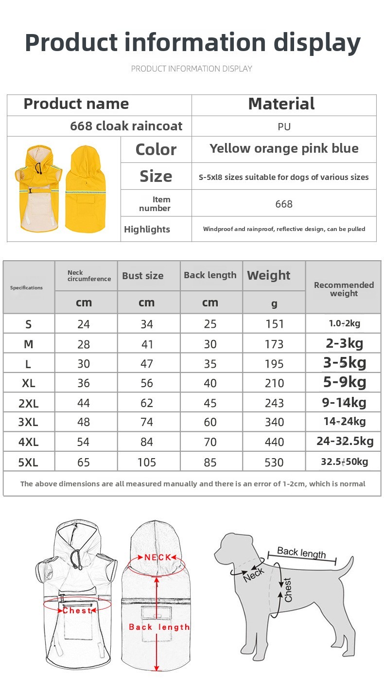 Wholesale OEM Custom Logo Outdoor Waterproof Pu Big Dog Pet Reflective Adjustable Zipper Raincoat With Pockets for Pet Apparel,U-ME PET LUV,New Design Reflective Dog Raincoat - Waterproof Cape Poncho for Medium & Large Dogs