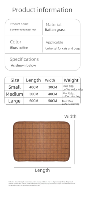 Hot-Selling Summer Cooling Pet Mat for Dogs & Cats Breathable Ice Pad with Ventilated Design Solid Pattern,U-ME PET LUV,Breathable Rattan Cooling Pad - Summer Pet Bed for Dogs & Cats
