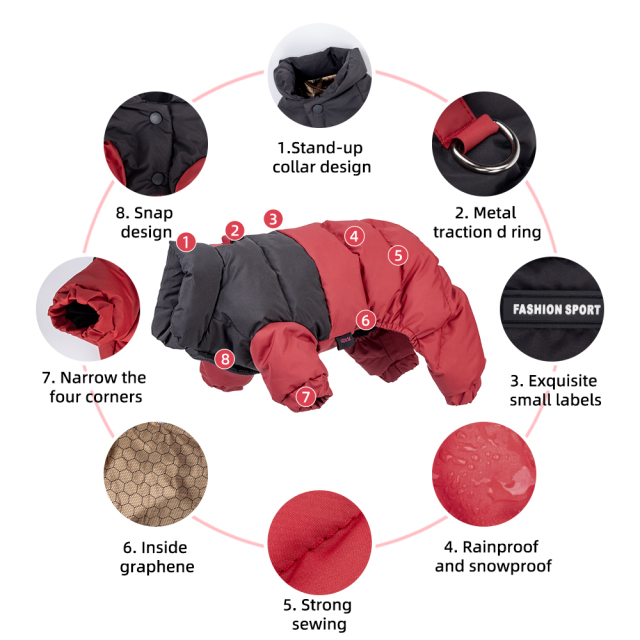 Wholesale of pet clothing for autumn and winter - Dog four - legged cotton - padded clothes with a stand - up collar, windproof, snow - proof, warm and comfortable dog cotton - padded jackets.,U-ME PET LUV,Wholesale of pet clothing for autumn and winter - Dog four - legged cotton - padded clothes with a stand - up collar, windproof, snow - proof, warm and comfortable dog cotton - padded jackets.