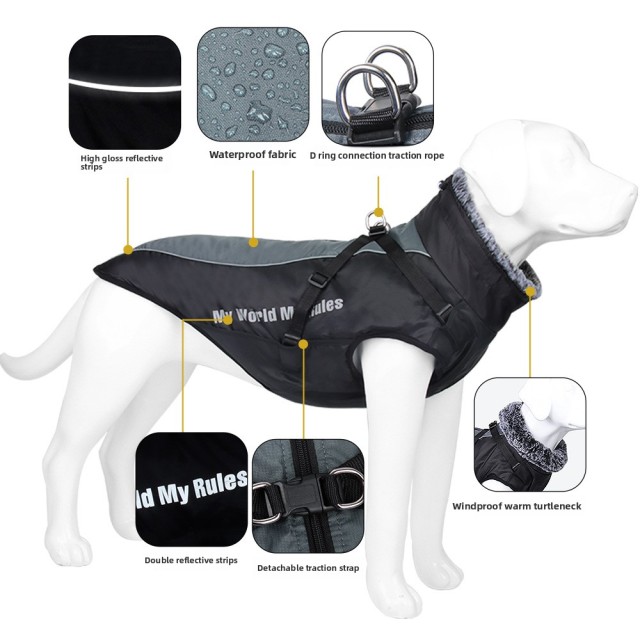 Hot Sale Reflective Winter Dog Coat Fur Collar Windproof Insulated Jacket for Large Breeds Sport Style Animal Pattern Washable Rainproof,U-ME PET LUV,Urban Shield Reflective Parka for Big Dogs - Cozy Quilted Cotton & Faux Fur Hood
