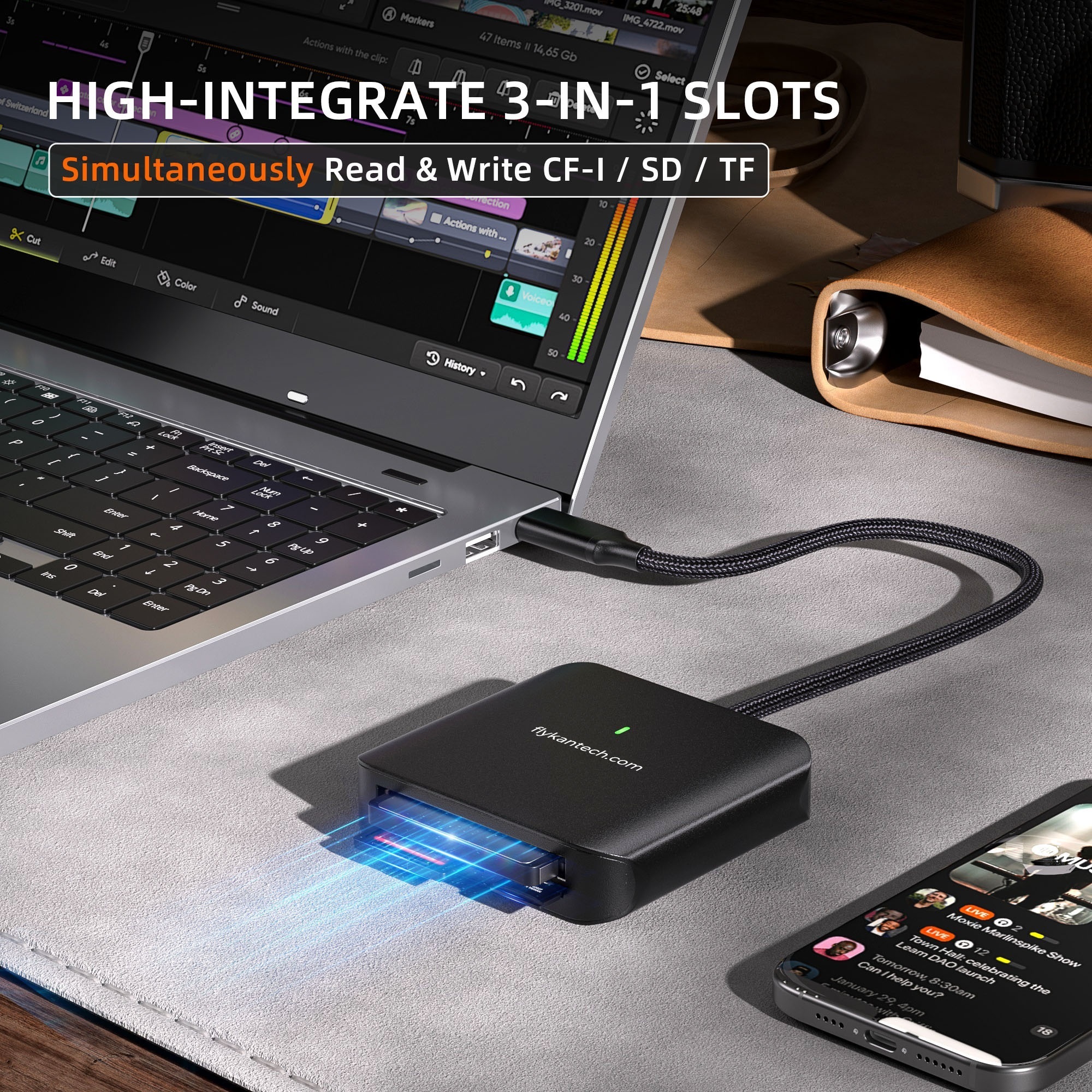 HB080 | 3-in-1 USB-C Card Reader (SD4.0/microSD4.0, CF-I),FlykanTech | Professional PC Accessories Manufacturer & Export Supplier,HB080 | 3-in-1 USB-C Card Reader (SD4.0/microSD4.0, CF-I)