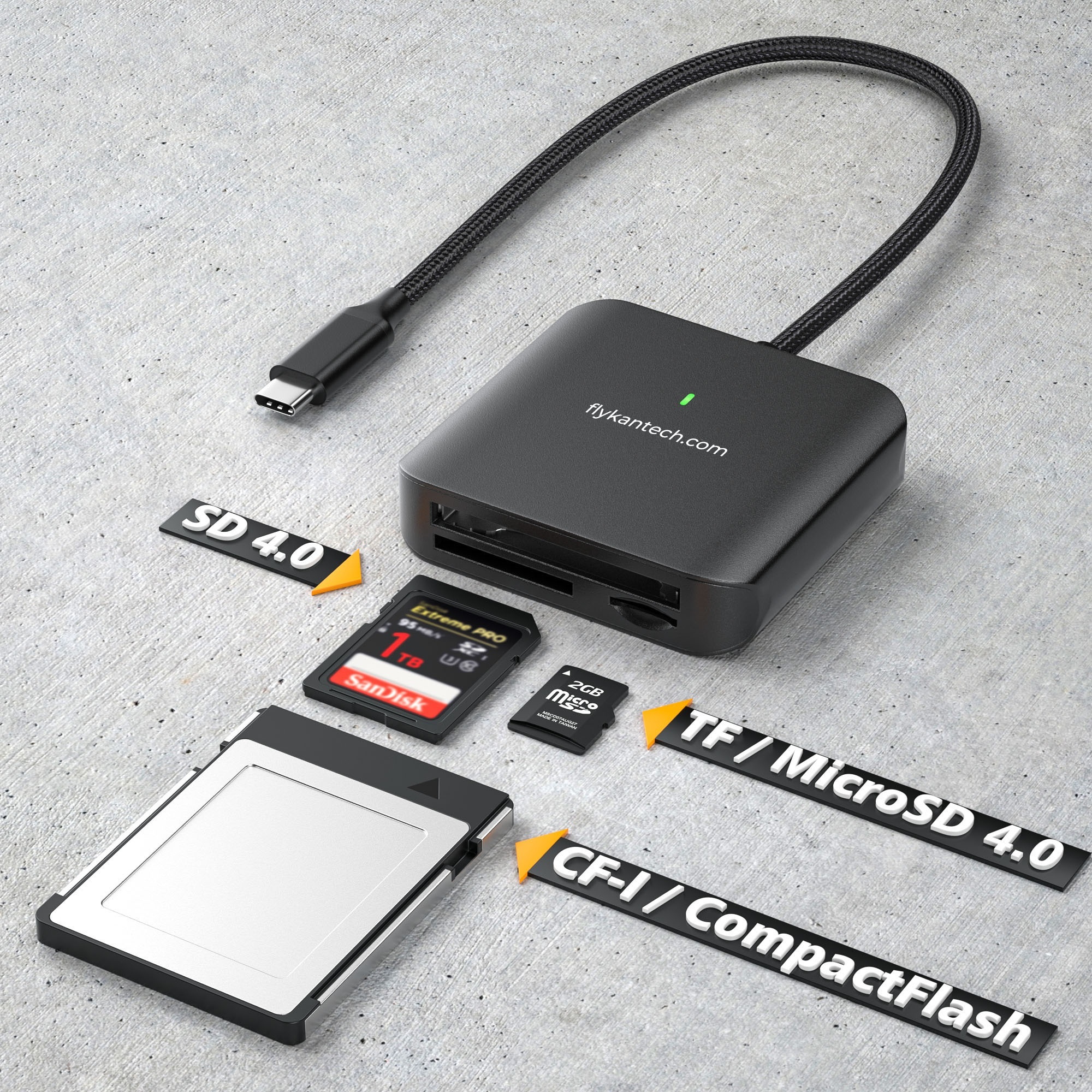 HB080 | 3-in-1 USB-C Card Reader (SD4.0/microSD4.0, CF-I),FlykanTech | Professional PC Accessories Manufacturer & Export Supplier,HB080 | 3-in-1 USB-C Card Reader (SD4.0/microSD4.0, CF-I)
