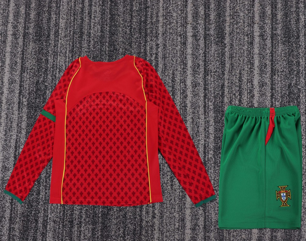 Kids Retro 2004 Portugal Home Kids Football jersey Long Sleeve