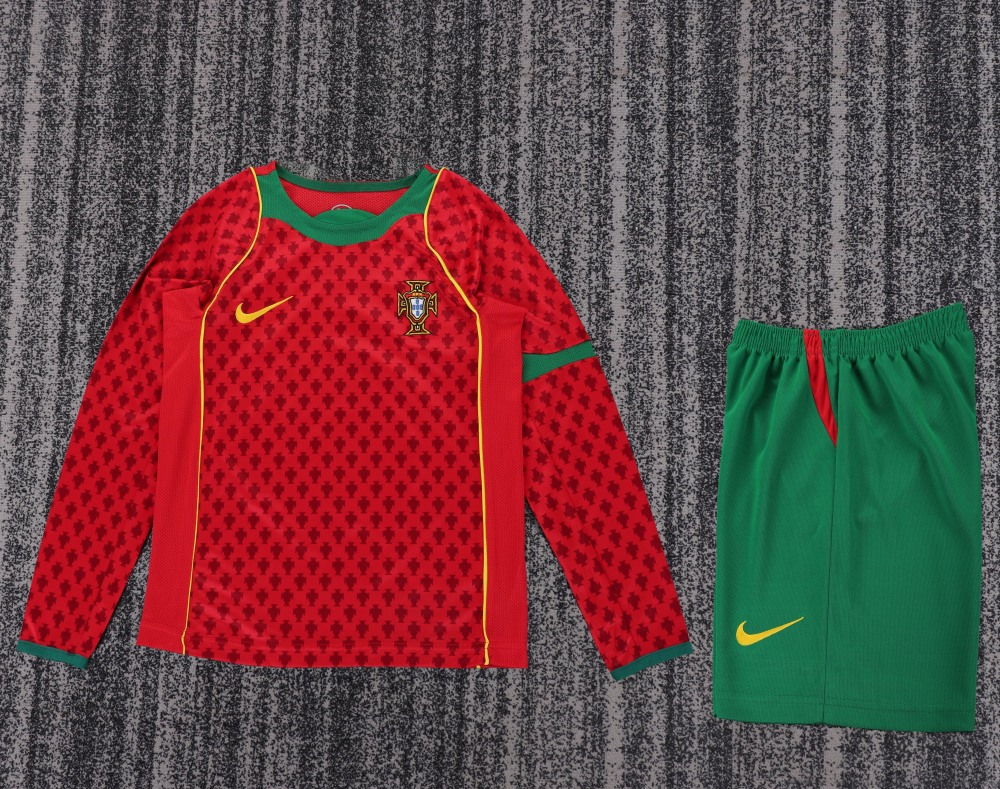 Kids Retro 2004 Portugal Home Kids Football jersey Long Sleeve