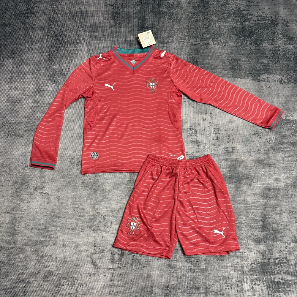 Kids 2026 Portugal Home Kids Football jersey Long Sleeve World Cup