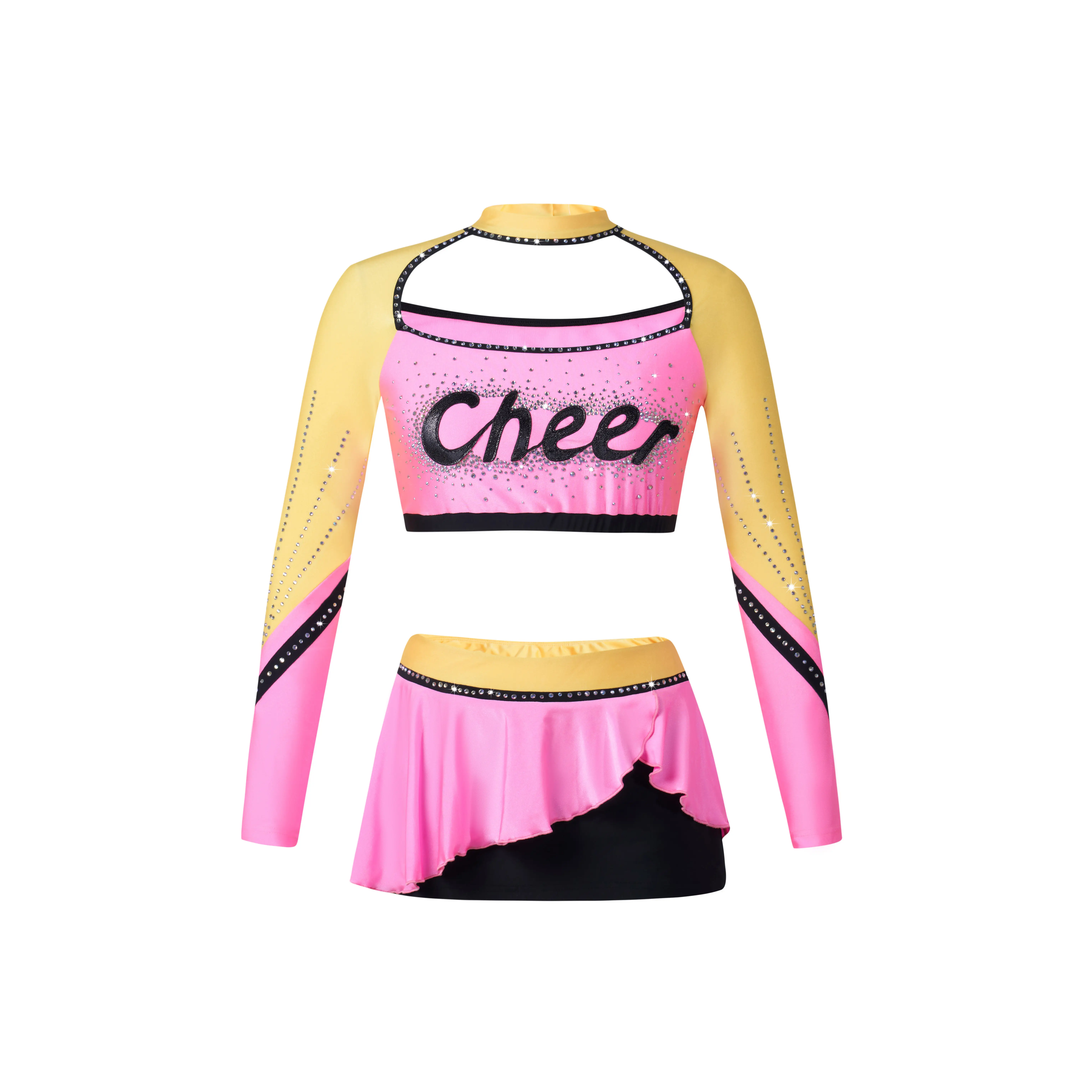 Custom All Star Sublimation Rhinestone Cheerleading Uniforms Dance Competitions Uniform AB Crystal Long Sleeve Cheer Team Wear