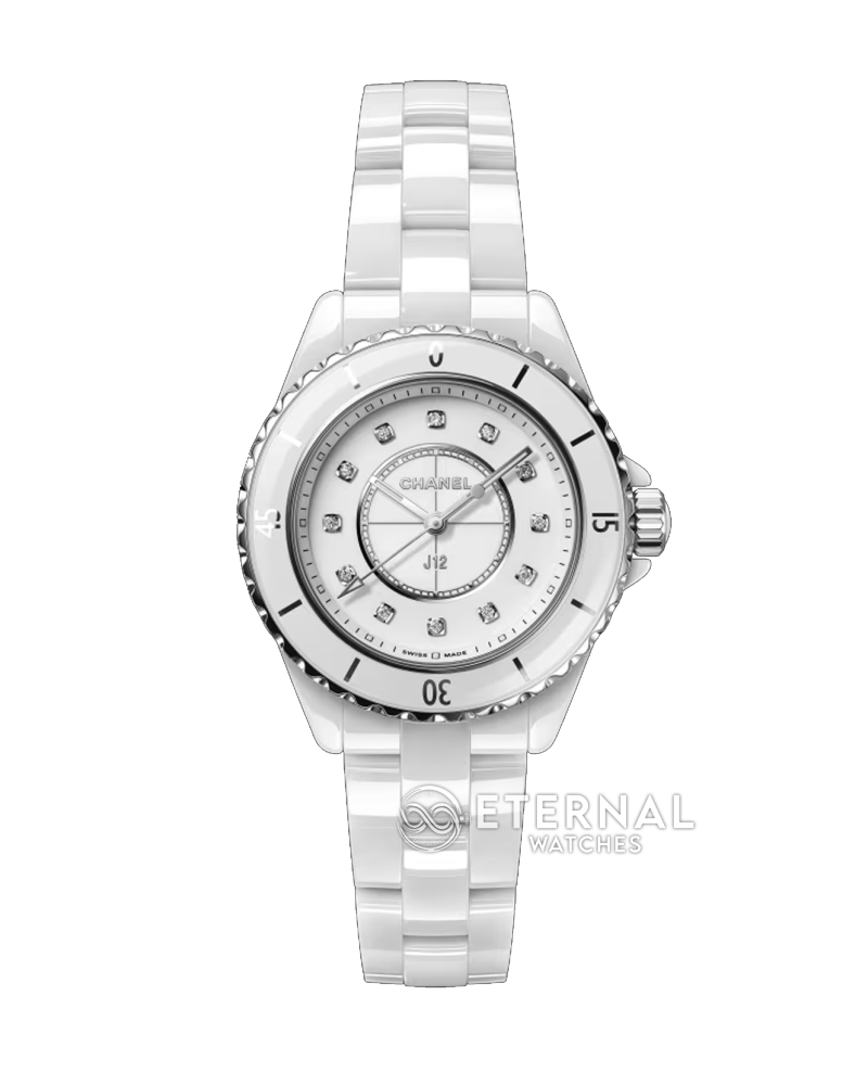 CHANEL - J12 Ladies 33mm Ceramic/Cer White/Diamond XF Swiss Quartz