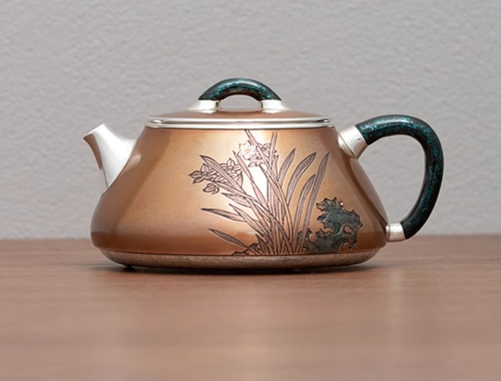 Silver kettle, copper-clad silver kettle, handmade daffodils, stone scoop teapot, 999 sterling silver tea set, high-end tea utensils