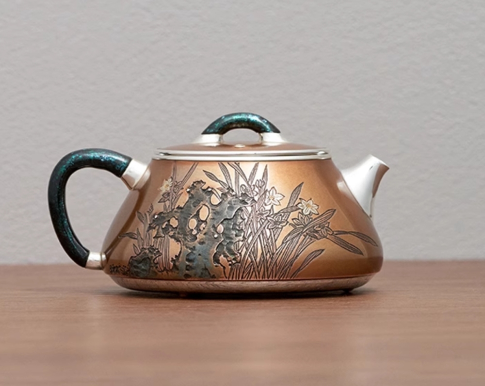 Silver kettle, copper-clad silver kettle, handmade daffodils, stone scoop teapot, 999 sterling silver tea set, high-end tea utensils