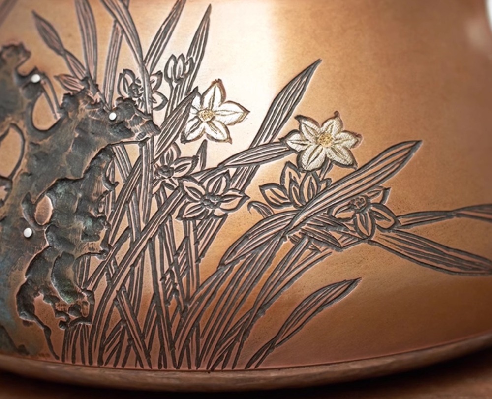 Silver kettle, copper-clad silver kettle, handmade daffodils, stone scoop teapot, 999 sterling silver tea set, high-end tea utensils