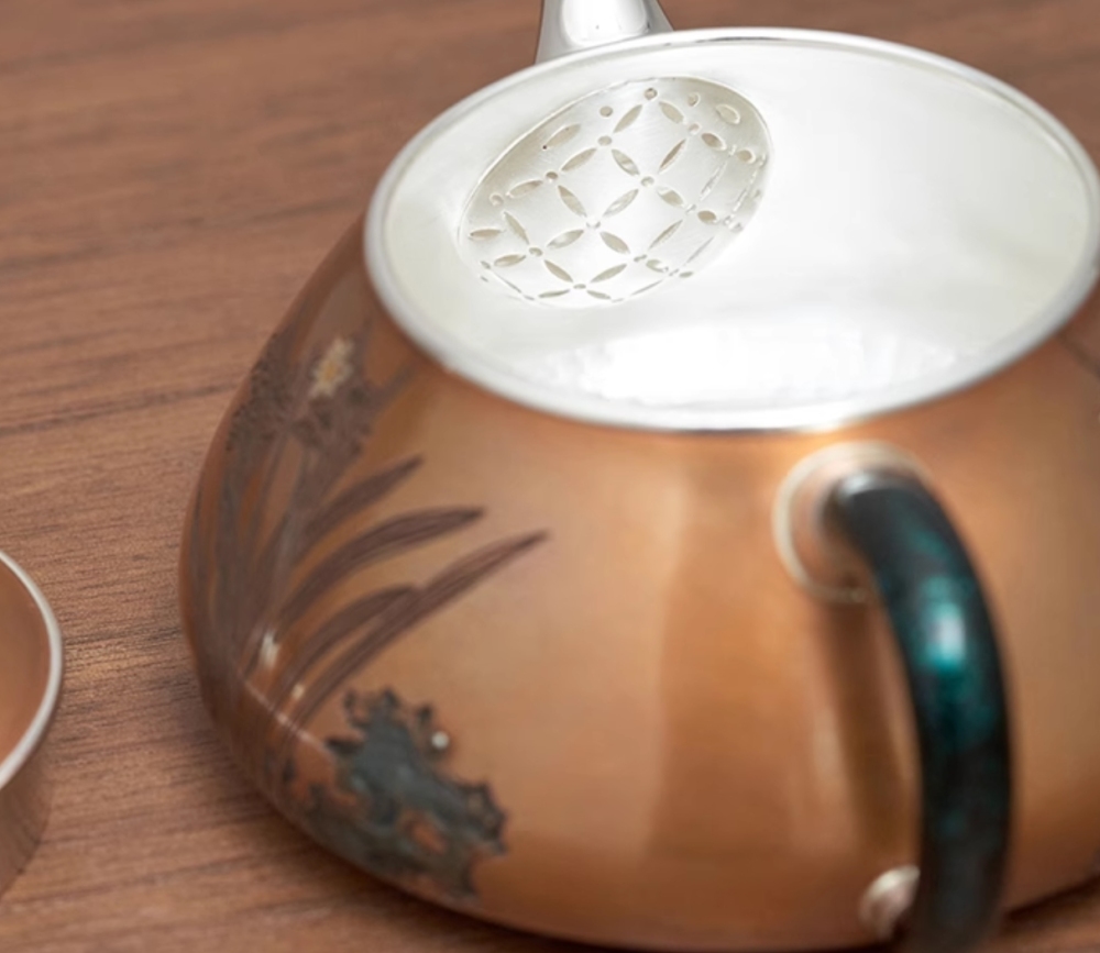 Silver kettle, copper-clad silver kettle, handmade daffodils, stone scoop teapot, 999 sterling silver tea set, high-end tea utensils
