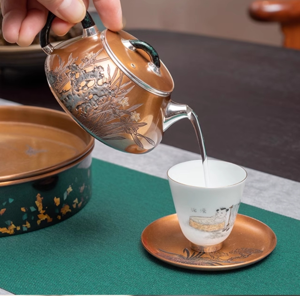 Silver kettle, copper-clad silver kettle, handmade daffodils, stone scoop teapot, 999 sterling silver tea set, high-end tea utensils