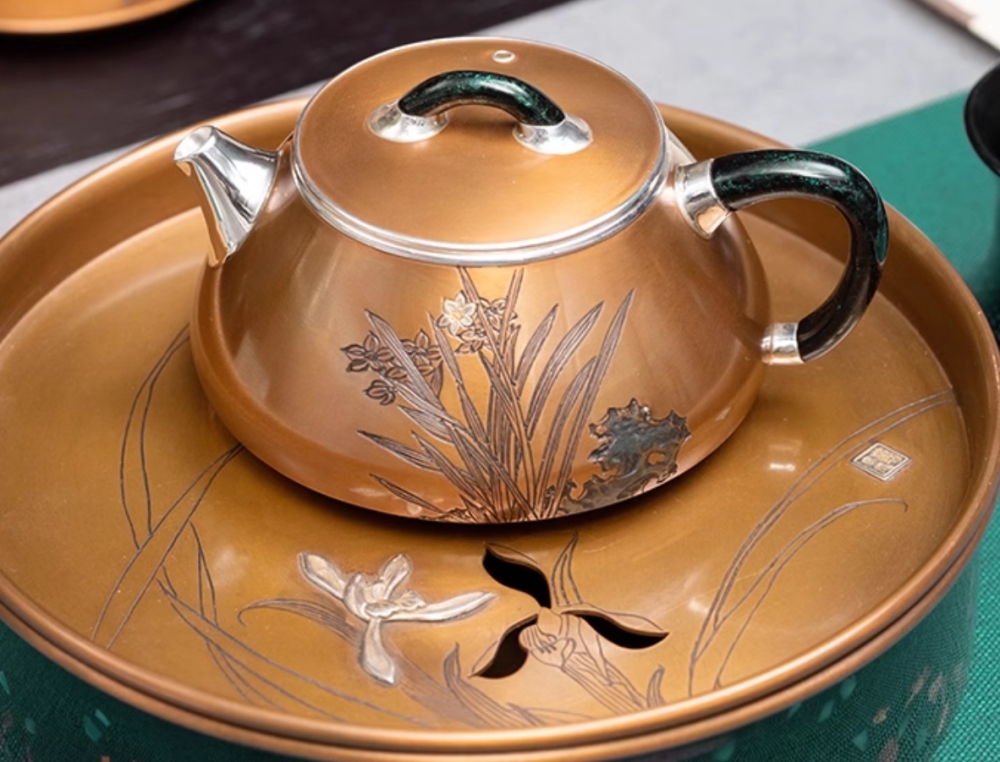 Silver kettle, copper-clad silver kettle, handmade daffodils, stone scoop teapot, 999 sterling silver tea set, high-end tea utensils