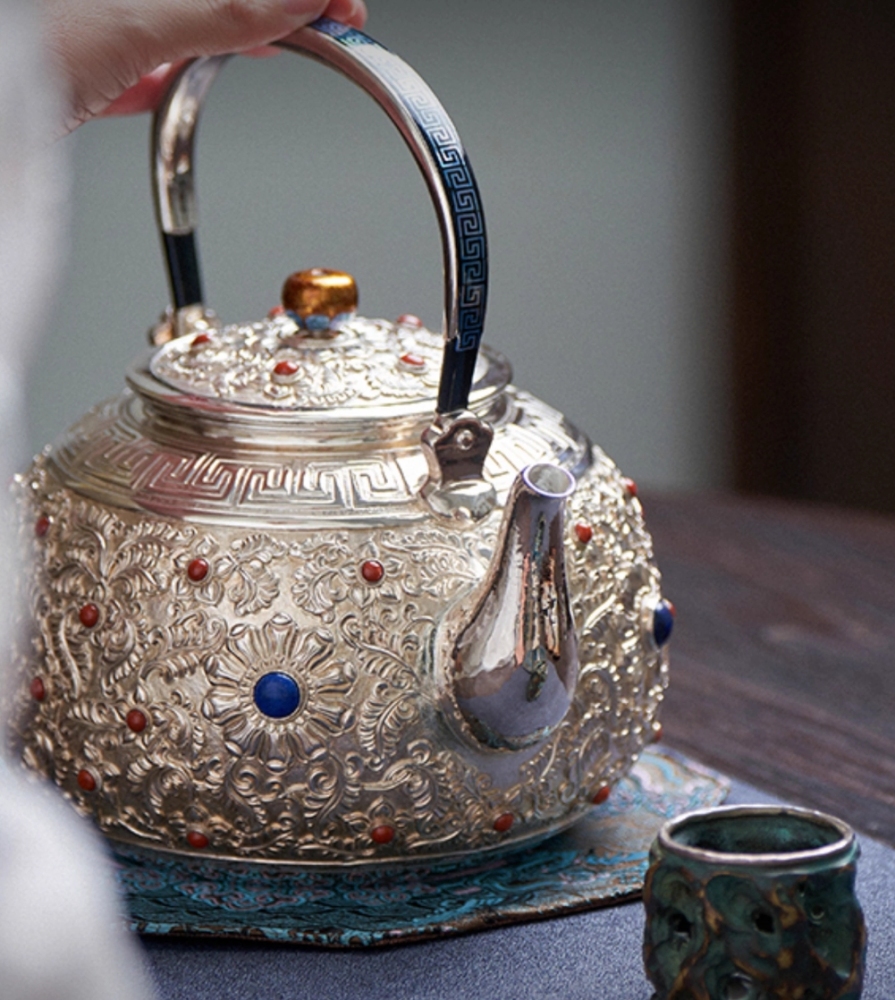 copper-clad silver kettle, handmade daffodils, stone scoop teapot, 999 sterling silver tea set, high-end tea utensils