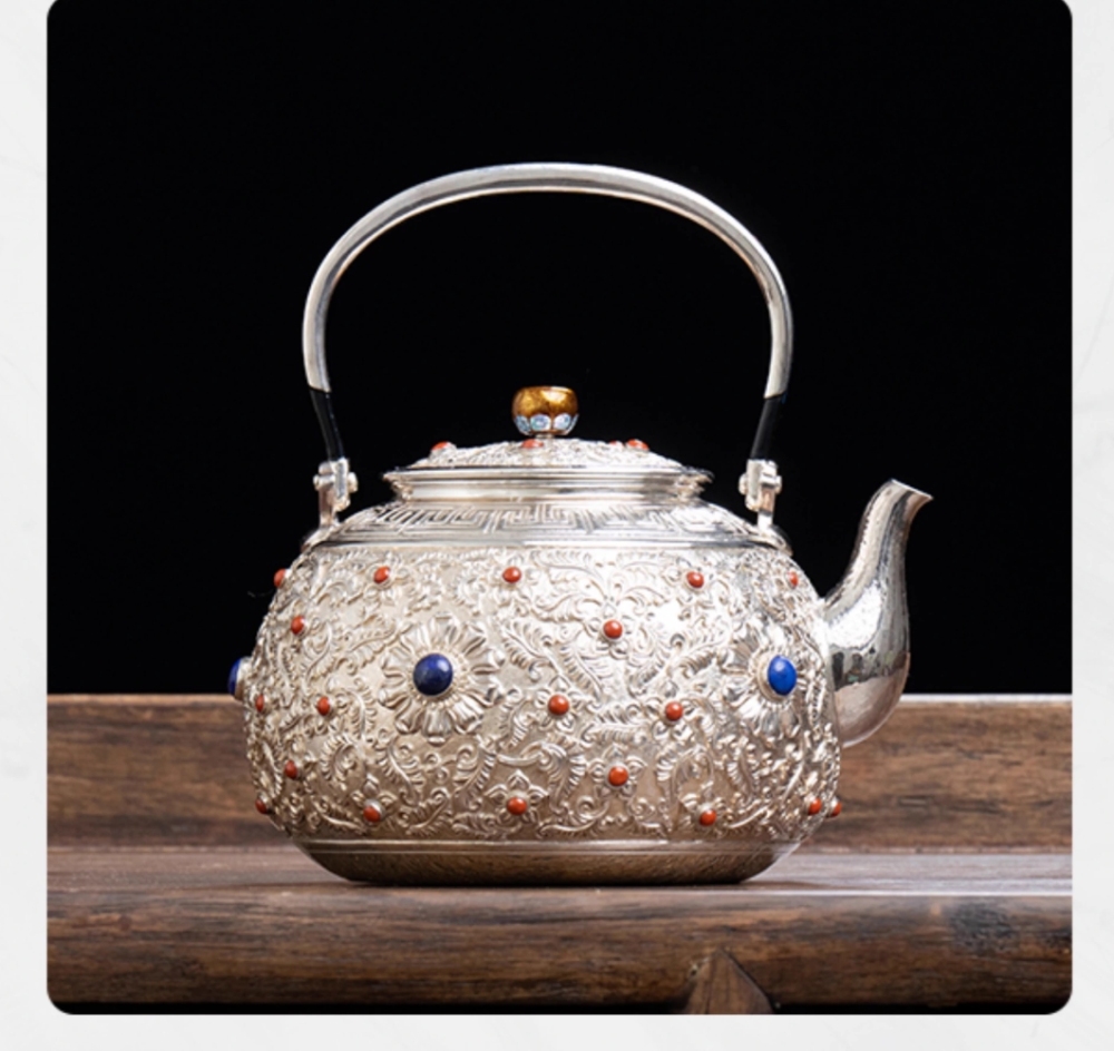 copper-clad silver kettle, handmade daffodils, stone scoop teapot, 999 sterling silver tea set, high-end tea utensils
