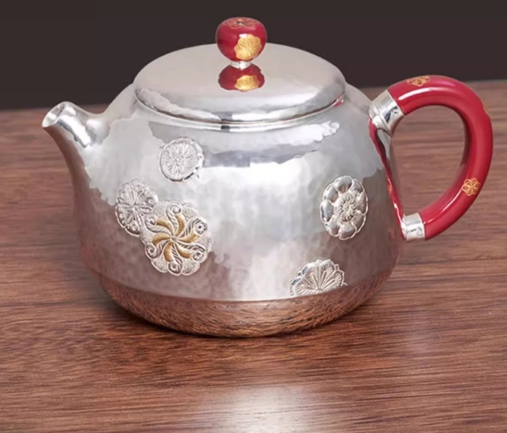 Handmade leather ball flower silver kettle 999 sterling silver teapot full silver tea set household tea pot