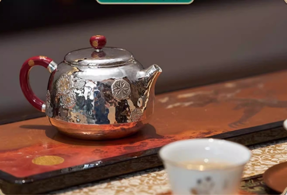 Handmade leather ball flower silver kettle 999 sterling silver teapot full silver tea set household tea pot