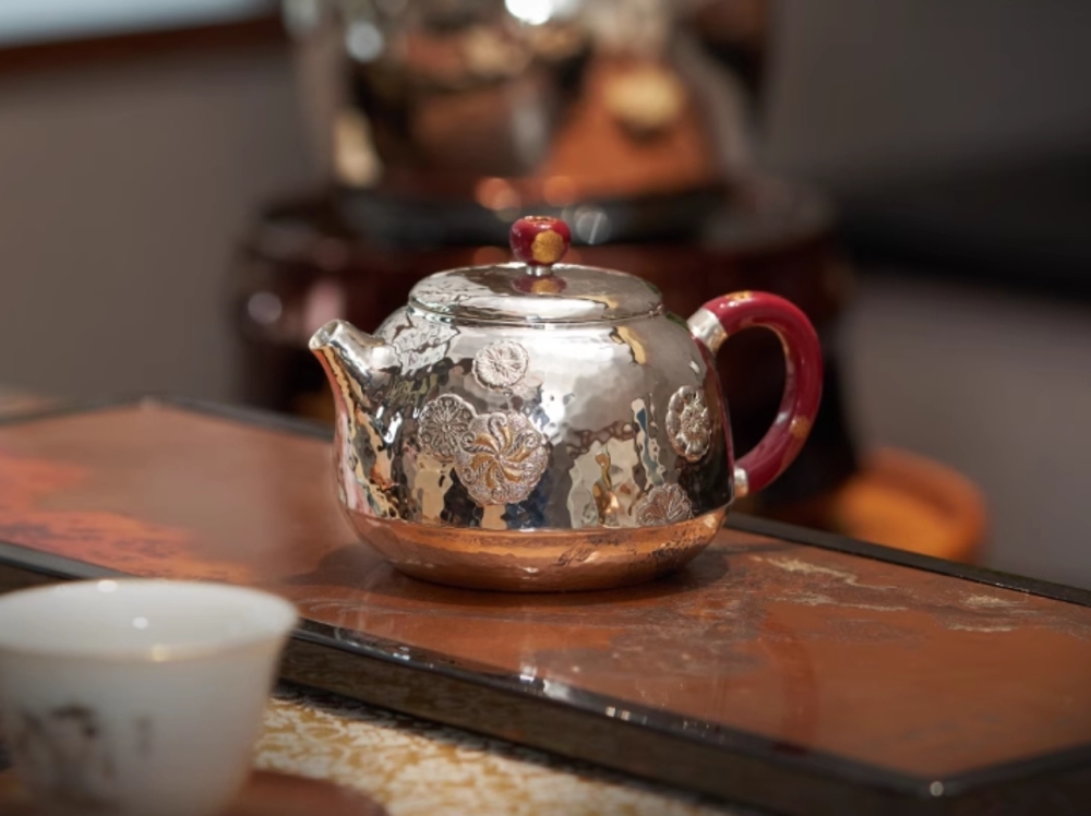 Handmade leather ball flower silver kettle 999 sterling silver teapot full silver tea set household tea pot