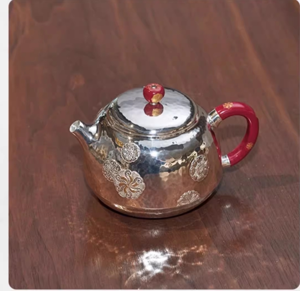 Handmade leather ball flower silver kettle 999 sterling silver teapot full silver tea set household tea pot