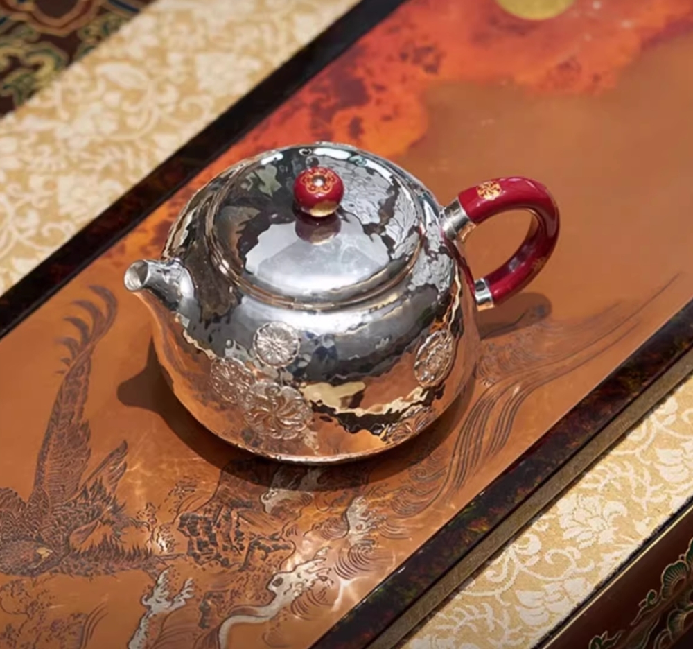 Handmade leather ball flower silver kettle 999 sterling silver teapot full silver tea set household tea pot