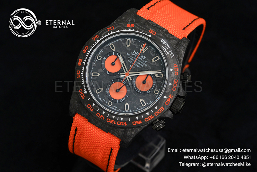 ROLEX - SUPER CLONE Daytona DiW 40mm Black Carbon/Orange NY Carbon Texture NOOB DD4130