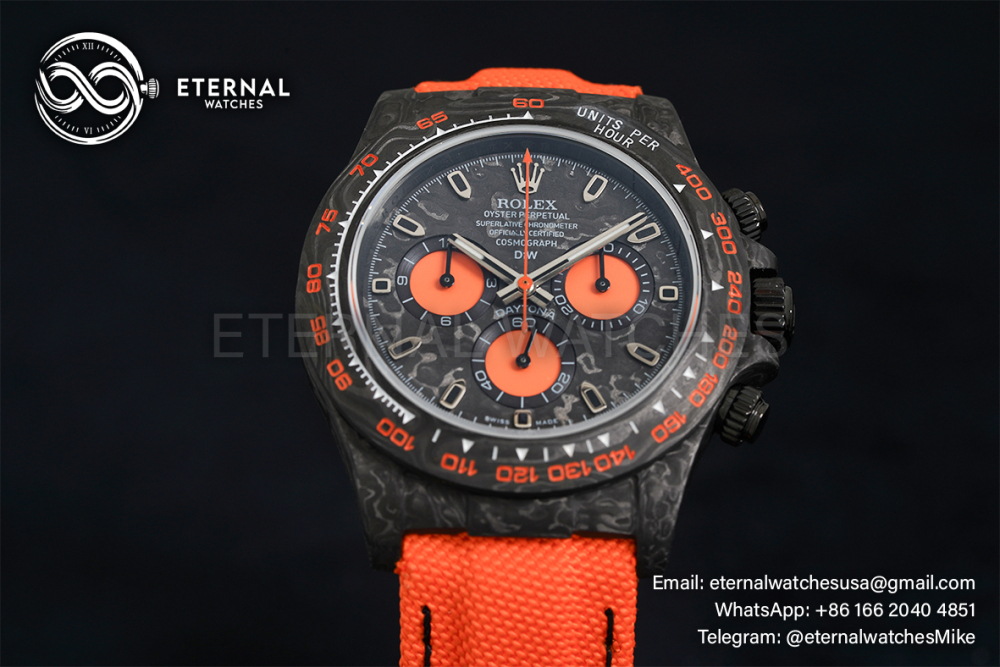 ROLEX - SUPER CLONE Daytona DiW 40mm Black Carbon/Orange NY Carbon Texture NOOB DD4130