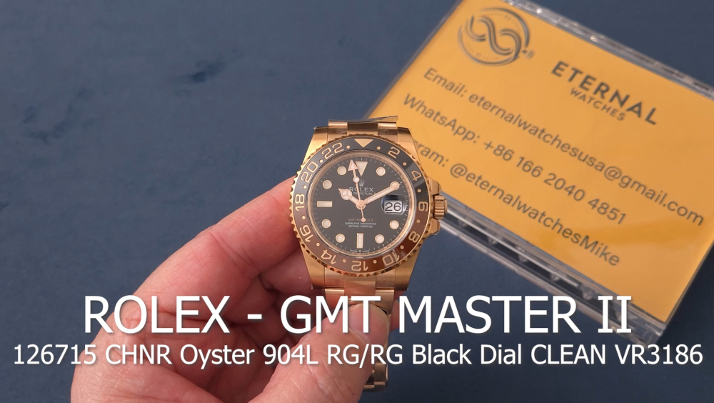 ROLEX - GMT Master II 126715 CHNR Oyster 904L RG/RG Black Dial CLEAN VR3186