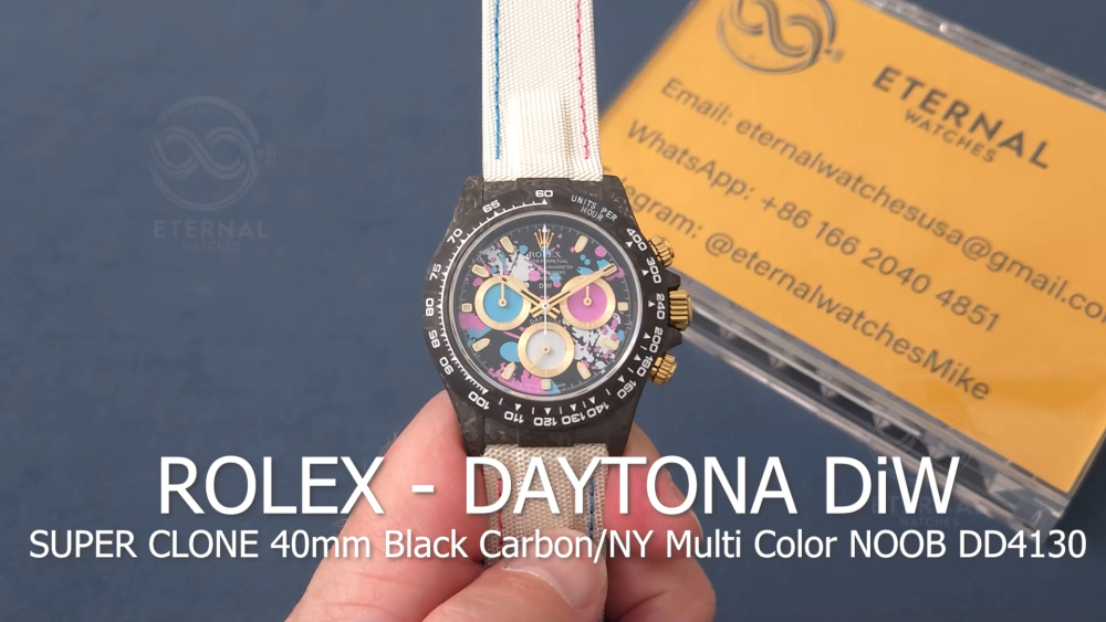 ROLEX - SUPER CLONE Daytona DiW 40mm Black Carbon/NY Multi Color NOOB DD4130