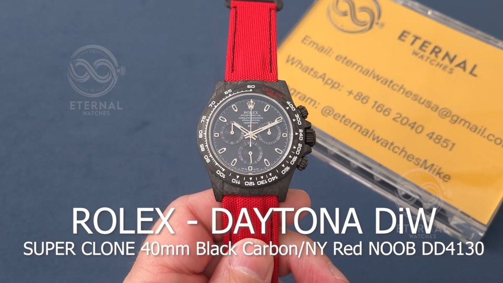 ROLEX - SUPER CLONE Daytona DiW 40mm Black Carbon/NY Red NOOB DD4130