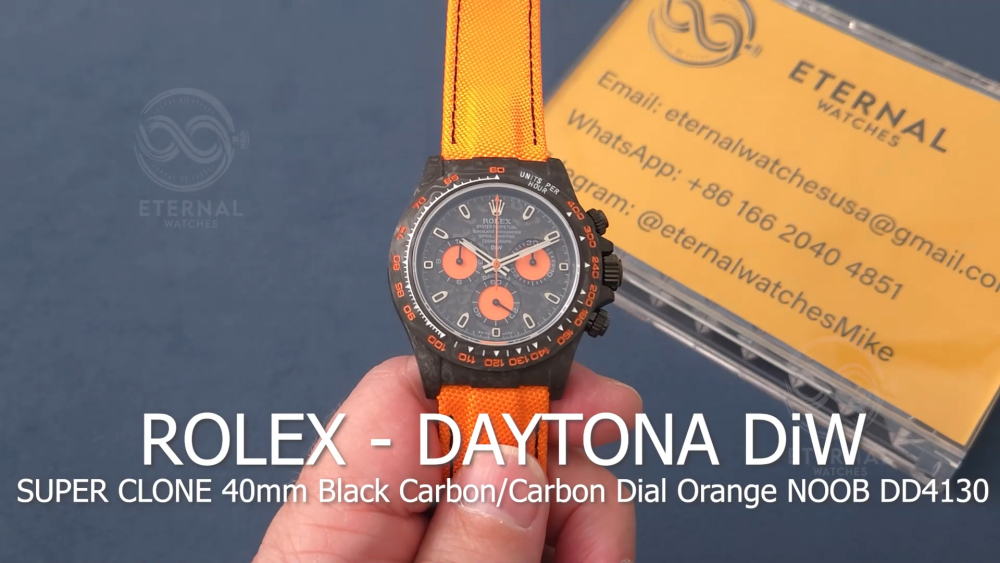 ROLEX - SUPER CLONE Daytona DiW 40mm Black Carbon/Orange NY Carbon Texture NOOB DD4130