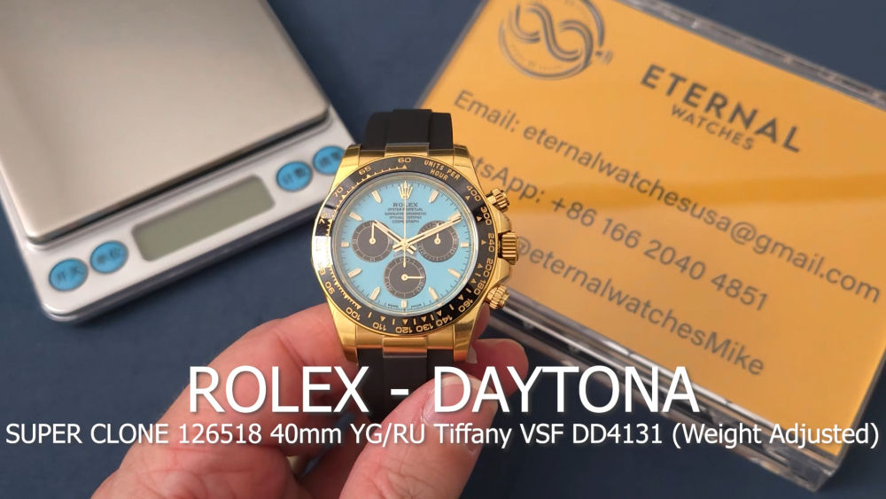 ROLEX - SUPER CLONE Cosmograph Daytona 126518 40mm YG/RU Tiffany/Black VSF DD4131 (Weight Adjusted)