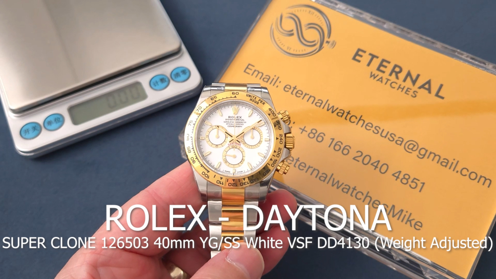 ROLEX - SUPER CLONE Daytona 126503 40mm YG/SS White/Stk VSF DD4131 (Weight Adjusted)