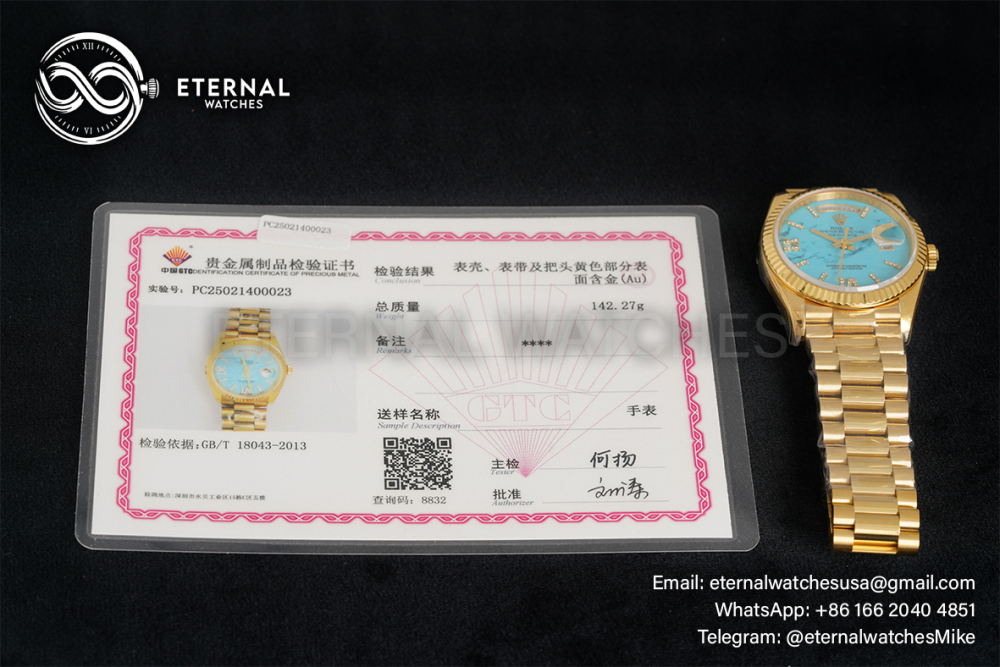 ROLEX - SUPER CLONE DayDate 128238 36mm YG/YG Turquoise/Dia A2836 Gold Wrapped
