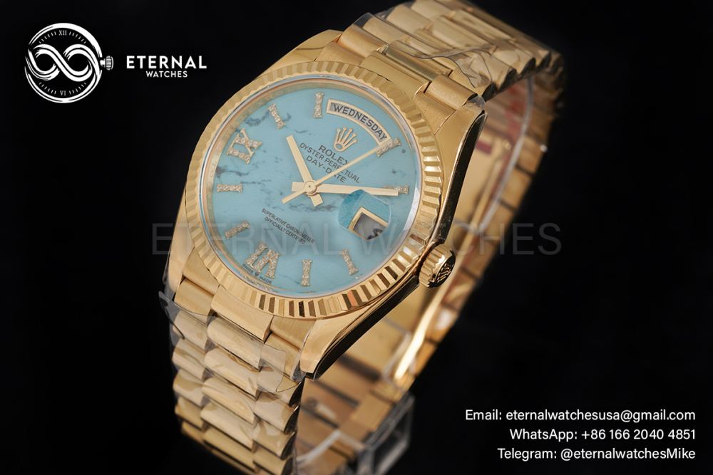 ROLEX - SUPER CLONE DayDate 128238 36mm YG/YG Turquoise/Dia A2836 Gold Wrapped