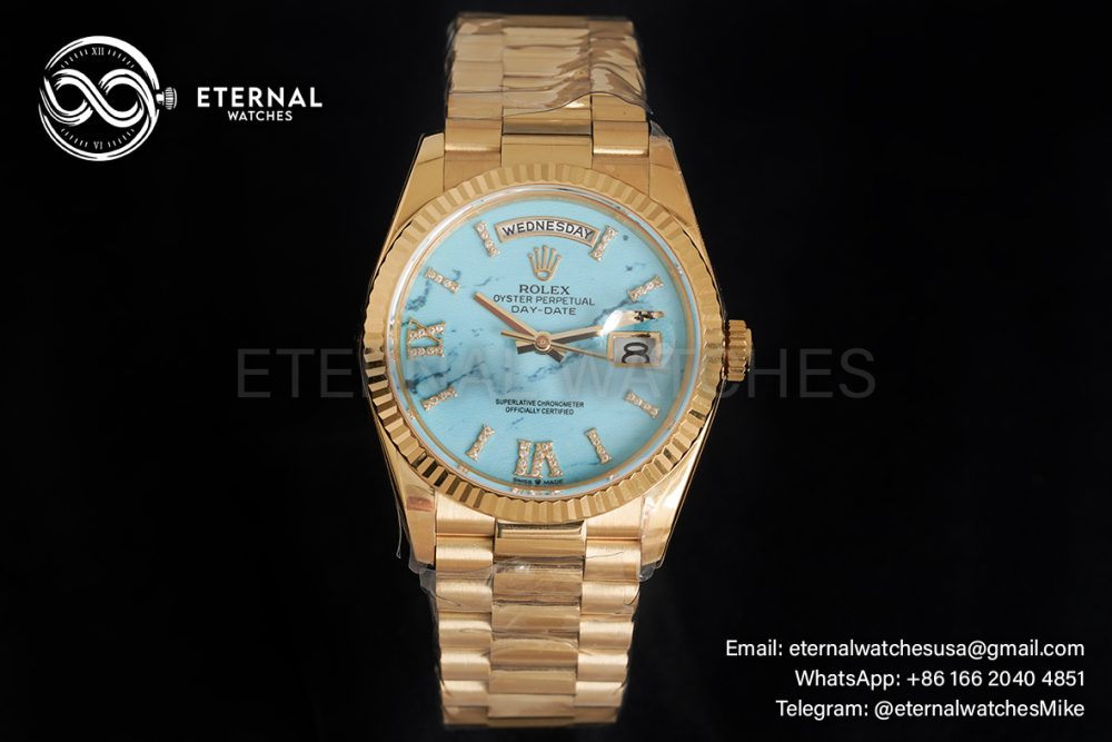 ROLEX - SUPER CLONE DayDate 128238 36mm YG/YG Turquoise/Dia A2836 Gold Wrapped
