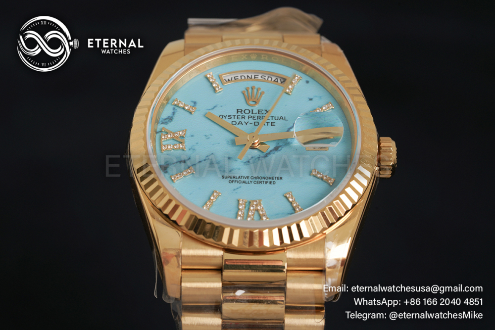 ROLEX - SUPER CLONE DayDate 128238 36mm YG/YG Turquoise/Dia A2836 Gold Wrapped