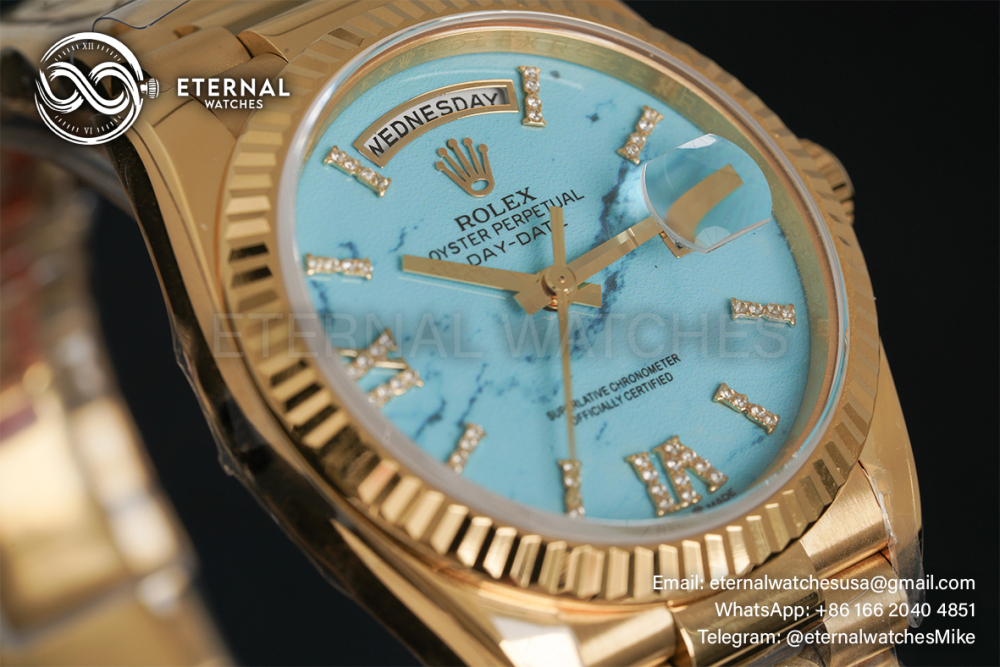 ROLEX - SUPER CLONE DayDate 128238 36mm YG/YG Turquoise/Dia A2836 Gold Wrapped