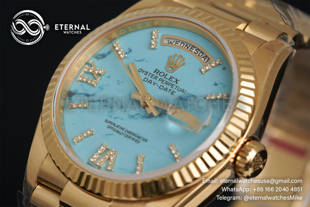 ROLEX - SUPER CLONE DayDate 128238 36mm YG/YG Turquoise/Dia A2836 Gold Wrapped