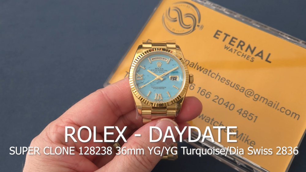 ROLEX - SUPER CLONE DayDate 128238 36mm YG/YG Turquoise/Dia A2836 Gold Wrapped
