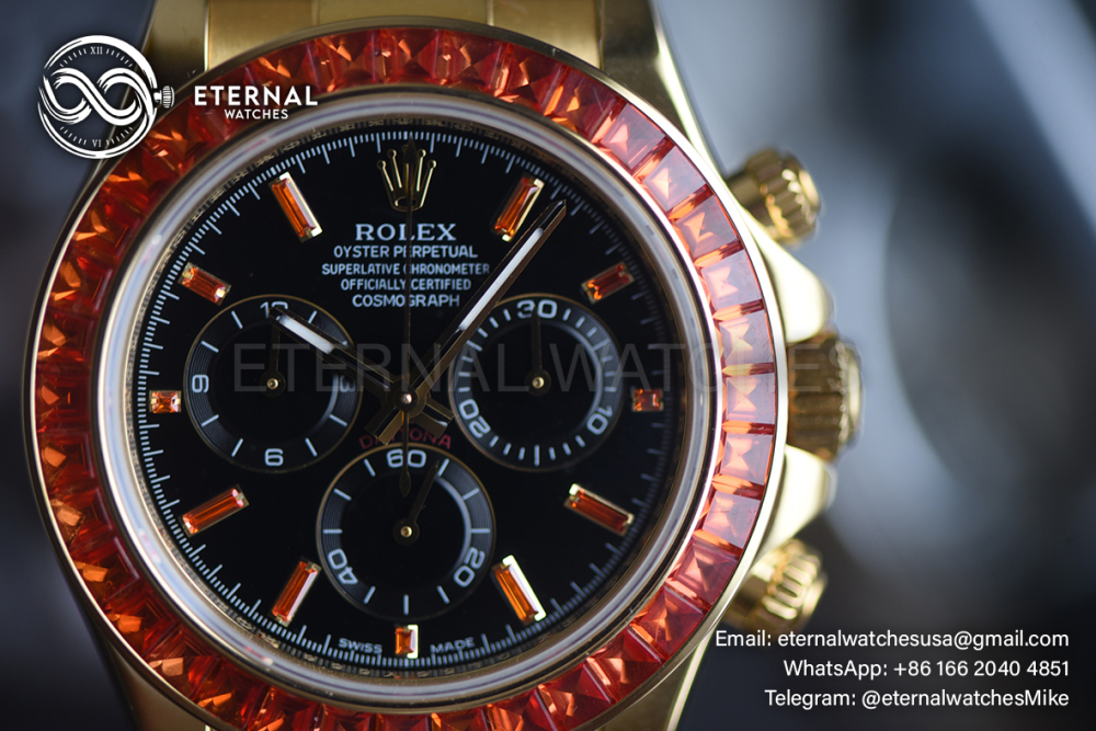 ROLEX - SUPER CLONE Daytona 126518 Gem 40mm YG/RU Black/Dia N6F DD4130
