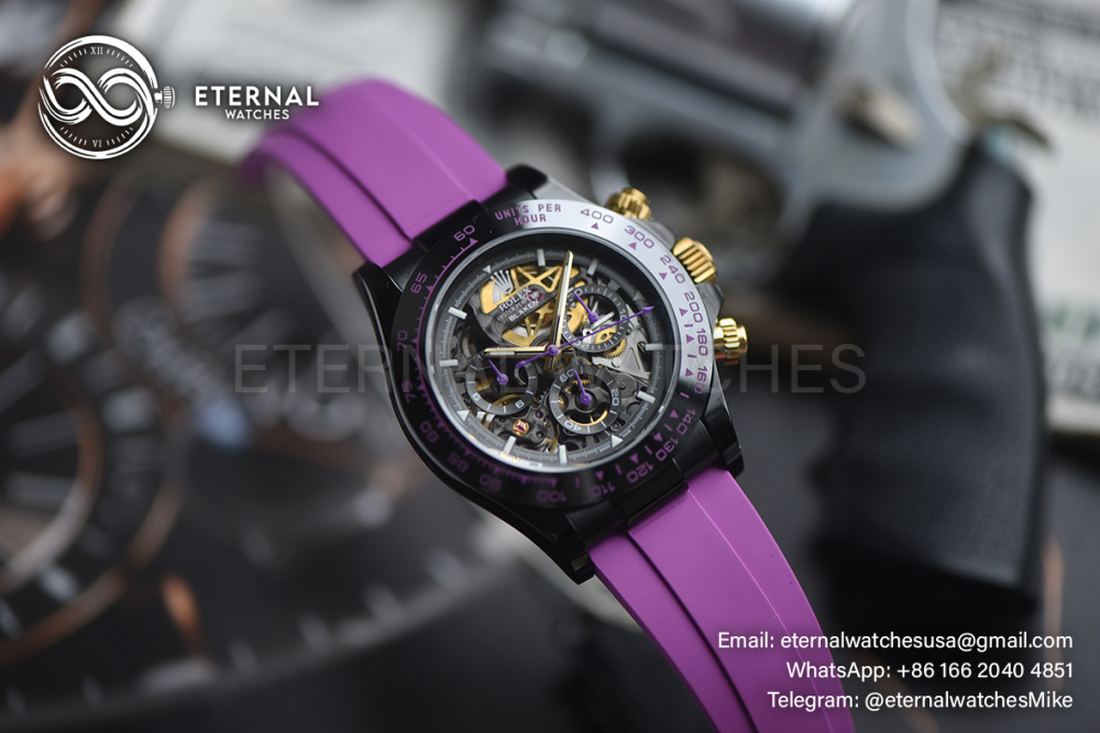 ROLEX - SUPRE CLONE Daytona Blaken 40mm Black Ceramic/RU Sketelon Dial on Pink Strap SONIC DD4130