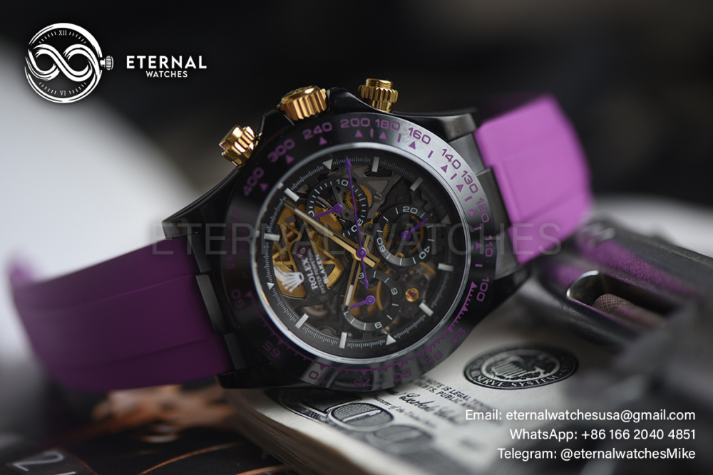 ROLEX - SUPRE CLONE Daytona Blaken 40mm Black Ceramic/RU Sketelon Dial on Pink Strap SONIC DD4130
