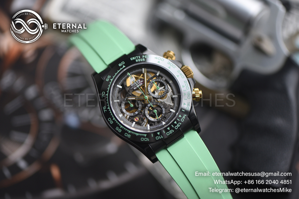 ROLEX - SUPRE CLONE Daytona Blaken 40mm Black Ceramic/RU Sketelon Dial on Green Strap SONIC DD4130